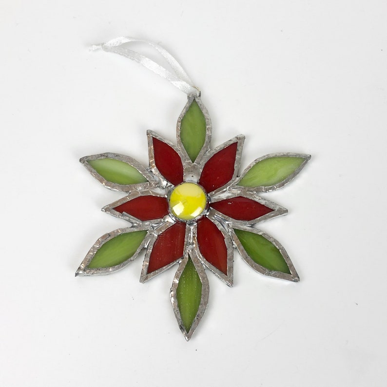 Poinsettia Window Decoration Stained Glass Hanging Ornament Etsy