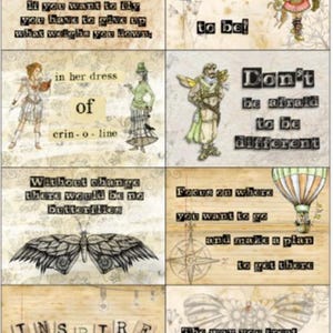 May include: A collage of inspirational quotes with steampunk-inspired illustrations. The quotes include: "If you want to fly you have to give up what weighs you down", "He who you want to be", "Don't be afraid to be different", "Without change there would be no butterflies", "Focus on where you want to go and make a plan to get there", "INSPIRE", and "The way you treat yourself sets the standard for others".
