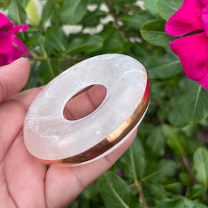 以下が含まれることがあります： 金色の縁が付いた、透明な楕円形のクリスタルドーナツ。クリスタルはすりガラスのような外観です。背景には緑の葉とピンクの花があります。