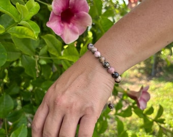 Handmade Rhodonite Bracelet: Natural Pink Gemstone, Heart Chakra Healing