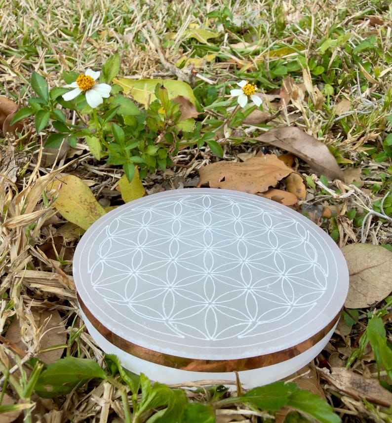 Kopparinfunderad selenit laddningsplatta – 10 cm Livets blomma kristallrutnät – Altar- och smyckesrengöring bild 4