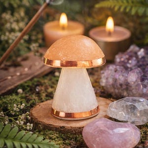 May include: A mushroom-shaped lamp with a light orange top and white base, trimmed with copper-colored metal. The lamp sits on a wooden slice, surrounded by crystals, candles, and greenery. Incense smoke rises in the background.