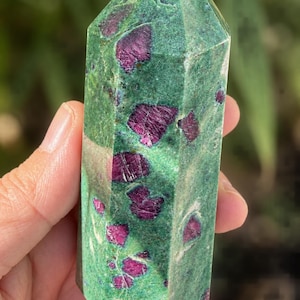 Natural Ruby in Fuchsite Tower, UV Reactive Ruby Fuchsite Crystal Point, Green and Pink Polished Gemstone Obelisk, Mineral Specimen Gift