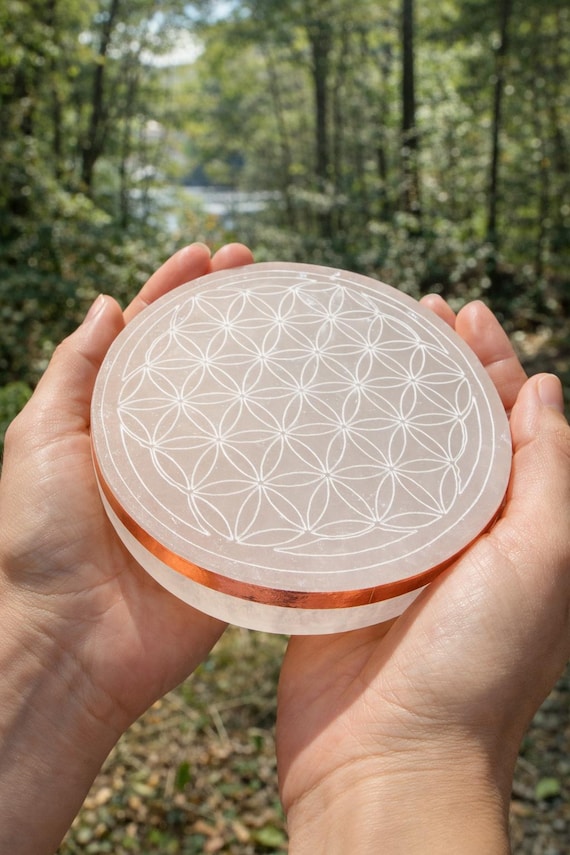 Copper Infused Selenite Charging Plate – 4” Flower of Life Crystal Grid Board – Altar & Jewelry Cleanser