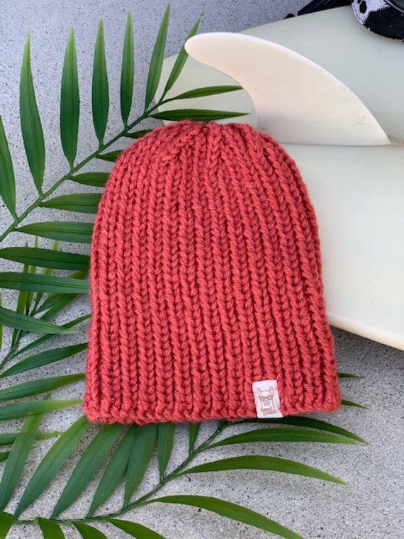 Stylie - Unisex Hand Knit Beanie, Coral, Chunky Ribbed Knit 