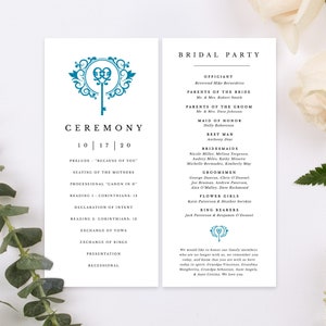May include: A wedding ceremony program with a teal key design. The program lists the order of events for the ceremony, including the prelude, seating of the mothers, processional, readings, declaration of intent, exchange of vows, exchange of rings, presentation, and recessional. The program also includes a list of the bridal party, including the officiant, parents of the bride and groom, maid of honor, best man, bridesmaids, groomsmen, flower girls, and ring bearers.