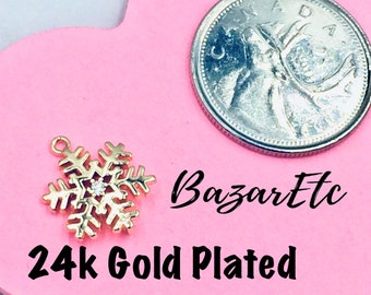 3pcs 24K GOLD PLATED Snowflake pendant, Winter Frozen Deluxe Holiday, Snow Charm Pendant, Golden, Jewelry Making