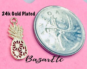 3pcs PINEAPPLE 24K GOLD PLATED Charm Pendant, Pineapple fruit nature jewelry, Holidays Jewelry Making, golden pineapple charm pendant