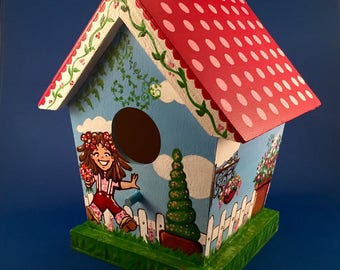 Birdhouse, Happy Day, decorato birdhouse, arredamento in legno dipinto a mano, birdhouse colorato, dipinto, regalo di inaugurazione della casa, giardino, fiori di primavera