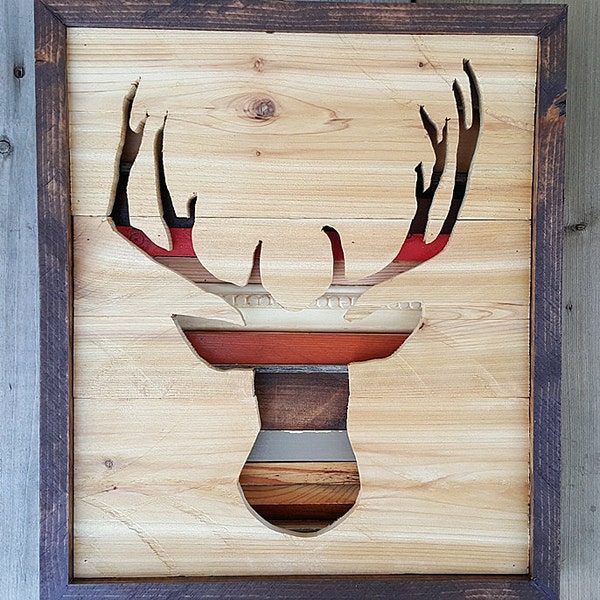 Tête de cerf Silhouette en bois de grange rustique ~ renne de Noël ~ cerf majestueux ~ homme des cavernes décoration ~ trophée sur le mur