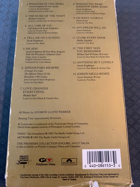 Andrew Lloyd Webber The Premiere Collection Encore Vhs Movie