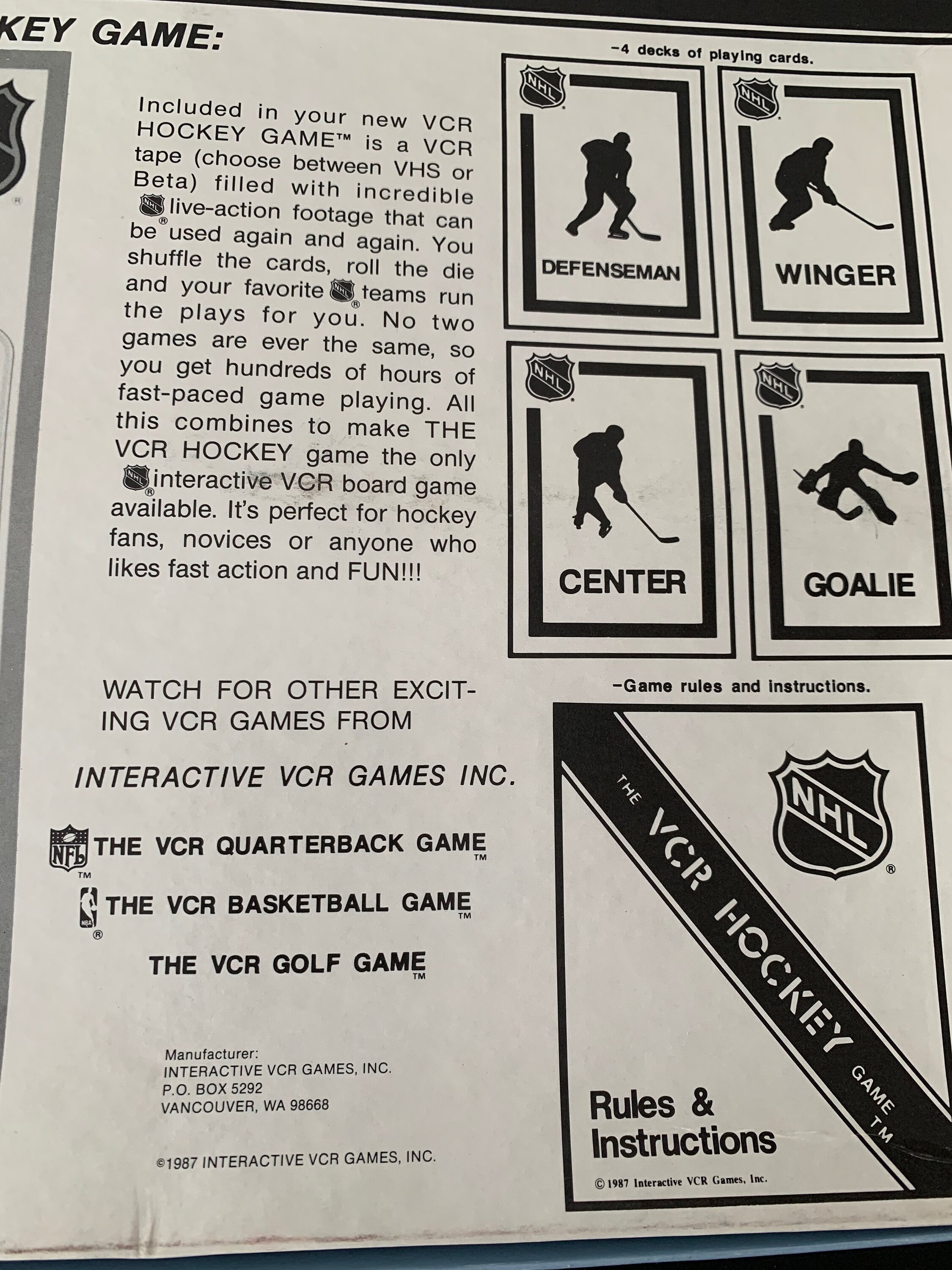 NHL VCR Hockey Board Game 1980's Complete - Etsy