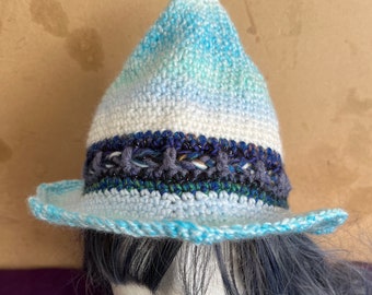 Ice blue and white crochet witch hat size youth