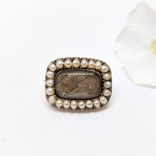 RESERVED Antique Early Victorian Gold Mourning Hair Brooch with Seed Pearls