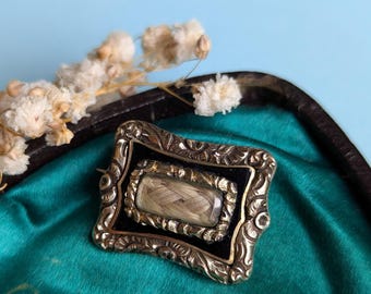 Antique Georgian Gold, Black Enamel & Blonde Hair Mourning Brooch