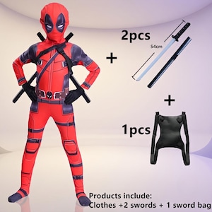 May include: A red and black full-body jumpsuit with a matching mask, two 54cm swords, and a black sword harness. The text reads 2pcs, 1pcs, and Products include: Clothes + 2 swords + 1 sword bag. The costume features printed belt and strap details.