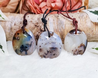 Dendrite Agate Pendant Necklace Amulet Polished Drilled Tumble Stone Jewelry  Spiritual Healing Crystal Gemstone Talisman Natural Hemp Cord
