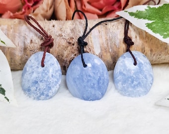 Blue Calcite Pendant Necklace Amulet Polished Drilled Tumble Stone Jewelry Spiritual Healing Crystal Gemstone Talisman Natural Hemp Cord