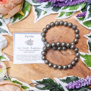 Bracciale con pietra preziosa di pirite / Perline di pietra rotonde da 10 mm Pietre di gioielli Bracciale con sfera elasticizzata in pietra naturale Powerbeads Uomo Donna Pietre preziose