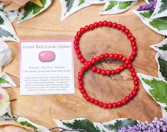 Pulsera de piedras preciosas de coral rojo fósil / Cuentas redondas de 6 mm cortadas, joyería de piedra natural, pulsera de bolas elásticas, cuentas Powerbeads teñidas para hombres y mujeres
