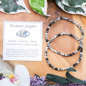 Bracciale con pietre preziose Picasso Jasper / Perline rotonde da 4 mm Pietre di gioielli Bracciale con sfere elasticizzate in pietra naturale Powerbeads Uomo Donna Pietre preziose