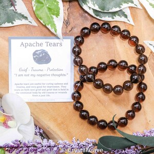 Bracelet en pierres précieuses Apache Tears / Perles de 10 mm, bijoux en pierres naturelles, bracelet extensible Powerbeads pour hommes et femmes, pierres précieuses en forme de larmes