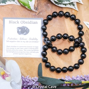 Bracciale con pietre preziose di ossidiana nera / Perline rotonde da 10 mm Pietre di gioielli Bracciale con sfere elasticizzate in pietra naturale Powerbeads Uomo Donna Pietre preziose