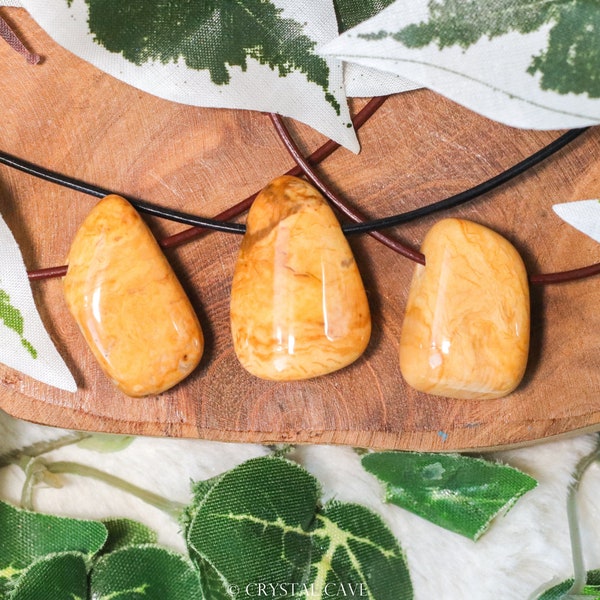 Yellow Jasper Polished Necklace Pendant - Pierced Drilled Stone Jewelery Teardrop Bead Rock Pebble Smooth - Gemstone Happiness • Confidence