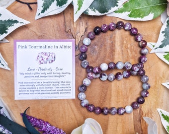 Pink Tourmaline in Albite Bracelet / Beads 8mm High Grade Quality Genuine Natural Gemstone Beaded Carved Jewelry Men Women Crystal Bead Gem