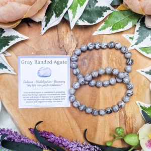 Gray Banded Agate Bracelet / Round Beads 8mm High Grade Quality Genuine Natural Gemstone Stone Carved Jewelry Men Women Crystal Bead Gem