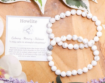 Pulsera de howlita con cuentas redondas de 8 mm, piedras naturales, elásticas, para hombre y mujer