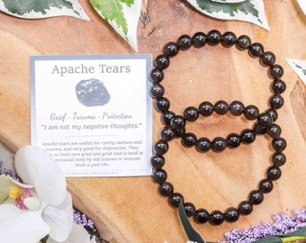 Apache Tears Bracelet / Round Smooth Beads 8mm High Grade Quality Genuine Natural Gemstone Beaded Carved Jewelry Men Women Crystal Bead Gem