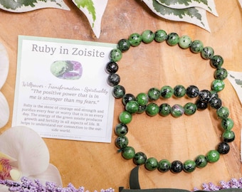 Rubin- und Zoisit-Edelsteinarmband / 8 mm runde Steinperlen, Schmuck, Naturstein-Stretch-Kugelarmband, Powerbeads, Herren- und Damen-Edelsteine