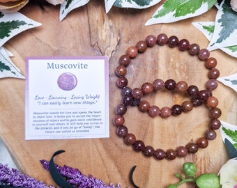 Muskovit Edelstein Armband / 8mm Runde Perlen Schmucksteine Naturstein Stretch Kugelarmband Powerbeads Herren Damen Edelsteine Natur