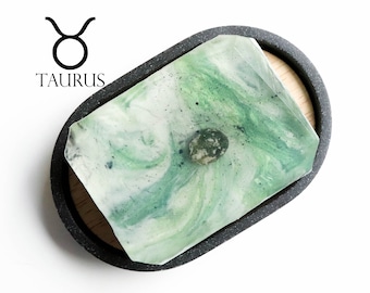 Moosachat-Edelsteinseife – Sternzeichen-Seife für Stier / Duft nach Vanille, Honig und Apfelblüte / Geschenkidee für April/Mai / Astrologisches Horoskop zum Geburtstag