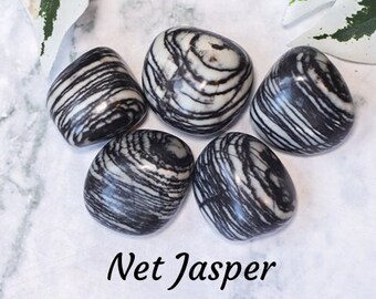 May include: Five tumbled stones of black and white net jasper. The stones are smooth and polished, with a swirling pattern of black and white lines. The stones are arranged in a circle on a white marble surface. The text "Net Jasper" is written below the stones, and the text "Crystal Cave" is written below that.