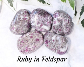 Ruby in Feldspar Crystal - Tumbled Stone - Polished Stone - Gemstone / Love • Femininity • Acceptance / Smooth Pebble Round Pebble