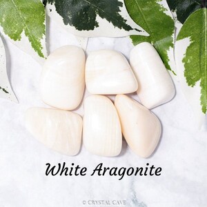 May include: A collection of six white tumbled Aragonite stones. The stones are smooth and have a slightly iridescent sheen.