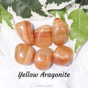 May include: Six smooth, polished yellow aragonite stones with orange and white stripes. The stones are arranged in a cluster on a white surface.