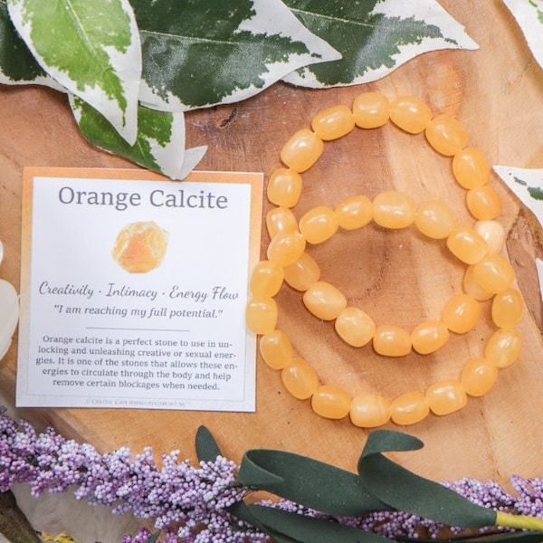 Orange Calcite Tumbled Stone Bracelet / Barock Round Smooth Beads Genuine Gemstone Spiritual Stretchy Carved Jewelry Design Men Women Gift