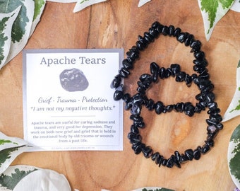 Apache Tears Bracelet / Rock Crystal One Size Gemstone Jewelry Stretch Stone Beads Chip Rough High Grade Quality Spiritual Obsidian Grief