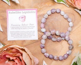 Rubellite Lepidolite Tumbled Stone Bracelet Crystal Barock Smooth Beads Genuine Gemstone Spiritual Stretchy Carved Jewelry Design Men Women