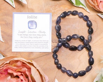 Iolite Tumbled Stone Bracelet Crystal / Barock Smooth Beads Genuine Gemstone Spiritual Stretchy Carved Jewelry Design Men Women Cordierite