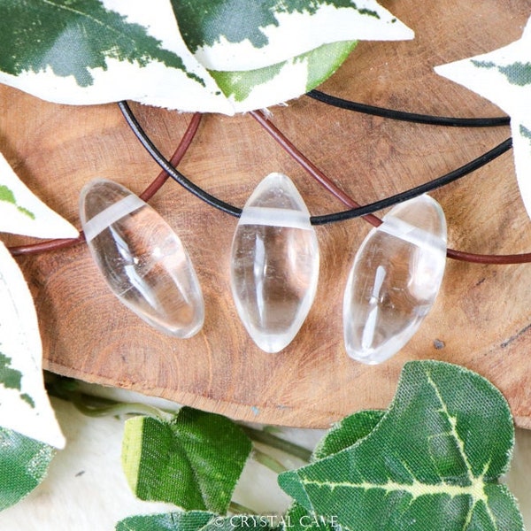 Rock Crystal Quartz Olive Polished Necklace Pendant - Drilled Stone Jewelery Minimalist Bead Rock Gemstone Cleansing, Fortifying, Healing