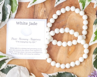 White Jade Bracelet / Round Beads 8mm High Grade Quality Genuine Natural Gemstone Stone Beaded Carved Jewelry Men Women Crystal Bead Gem