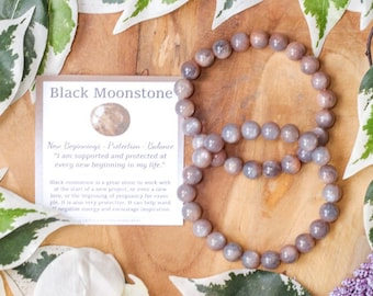 Pulsera de piedra lunar negra con cuentas de 8 mm, piedras naturales, elástica, para hombre y mujer.