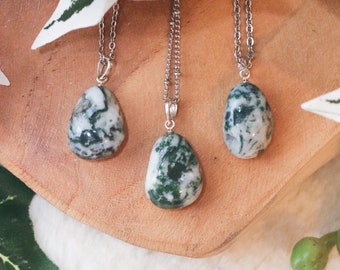 Tree Agate Pendant Necklace 925 Sterling Silver / Jewelry Gift Box Crystal Card Present for Him Her / Real Gemstone Natural Stone Gold Chain
