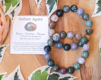 Braccialetto con pietre preziose in agata indiana, perline rotonde da 12 mm, pietre per gioielli, bracciale elastico con palline in pietra naturale Powerbeads, uomo e donna, pietre preziose