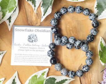 Schneeflocken-Obsidian-Edelsteinarmband / 12 mm Perlen, Schmucksteine, Naturstein-Stretch-Kugelarmband, Powerbeads, Herren- und Damen-Edelsteine