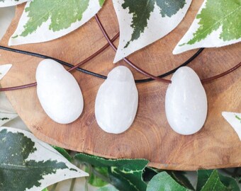 White Barite Necklace Pendant / Drilled Stone Polished Crystal Jewelry Oval Rock Bead Healing Gemstone Baryte Intuition • Loyalty • Cleaning